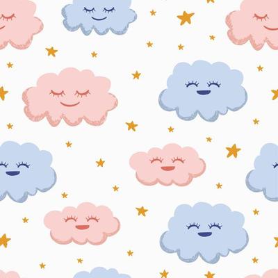 Nursery pattern illustration. Seamless hand drawn baby clouds.