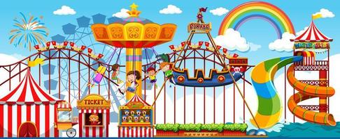 Amusement park scene at daytime with rainbow in the sky vector