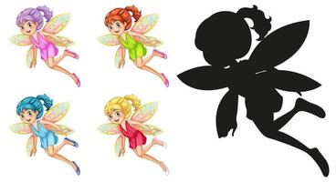 Set of fairy characters and its silhouette on white background vector