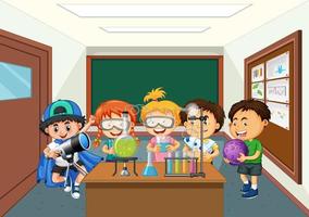 Kids doing science lab experiment in the classroom scene vector