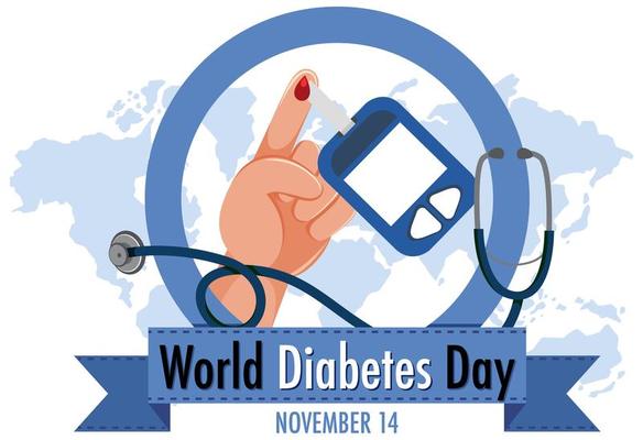 World Diabetes Day logo or banner with blood on finger and glucosure autocode