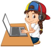 A girl with laptop on the table on white background vector