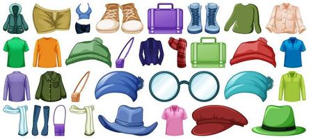 Set of fashion outfits and accessories on white background vector