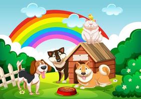 grupo de perros y un gato en el jardín con escena de arco iris vector