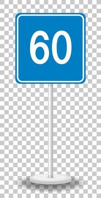 Blue minimum speed limit 60 road sign with stand isolated on transparent background