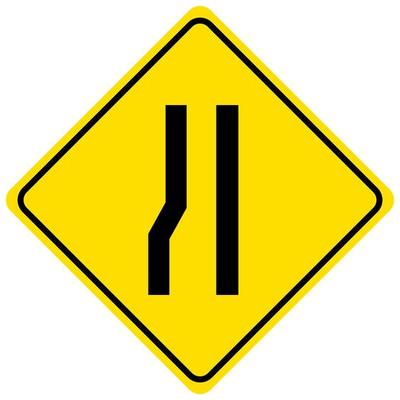 Warning sign for a road narrowing on the left on white background