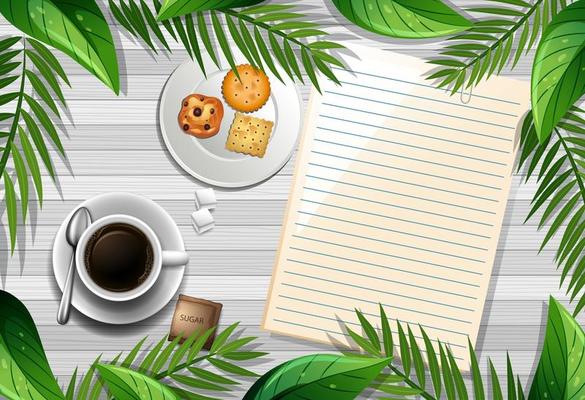 Top view of wooden table with blank paper and a cup of coffee and leaves element