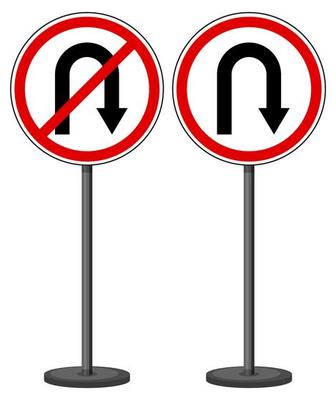 U-turn and No U-turn sign with stand isolated on white background