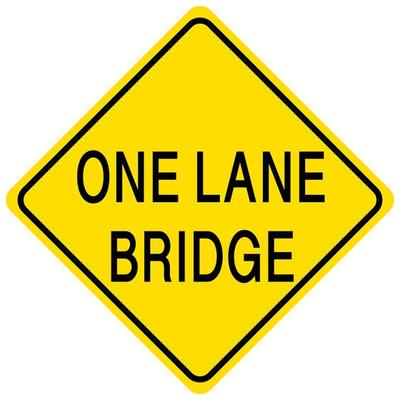 One lane bridge yellow sign on white background