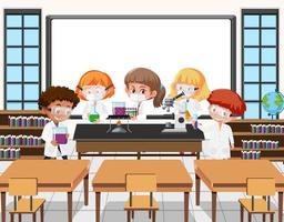 Young students doing science experiment in the classroom scene vector
