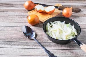 Raw onion in a pan photo