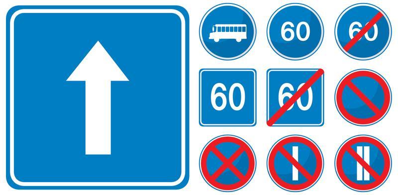 Set of blue road signs isolated on white background