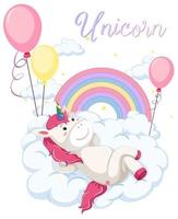 unicornio acostado en las nubes con arco iris pastel vector