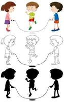 Three kids playing jump rope in color, outline, silhouette vector