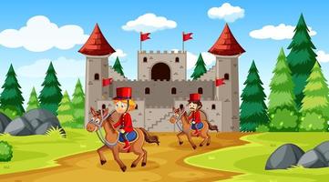 Fairytale scene with castle and soldier royal guard scene vector