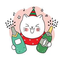 gato de navidad dibujado a mano y botellas de champán vector