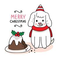 perro de navidad dibujado a mano comiendo pastel vector