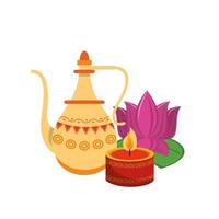 Indian lotus flowers and decorative porcelain jars with leaves vector