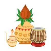 Indian lotus flowers and decorative porcelain jars with leaves vector