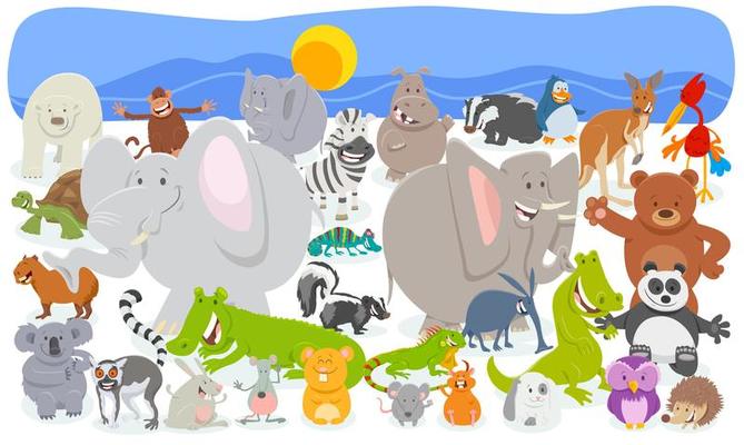 Cartoon animal characters crowd background