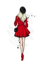 Back of girl in stylish red and black clothes vector