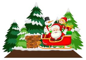 Santa Claus on sleigh with snowman and trees vector