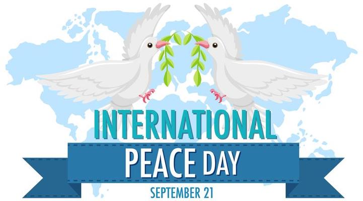 Internationl Peace Day logo or banner with white dove on world map
