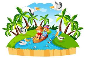 Children row the boat in the stream forest scene on white background vector