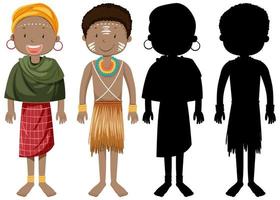 Set of people of African tribes character with its silhouette vector