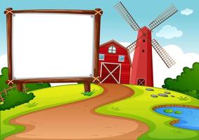 Blank banner in farm with red barn and windmill scene vector