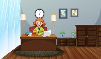 Scene with woman working at home on her computer vector