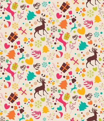 Seamless pattern with Christmas trees, reindeers, gift boxes