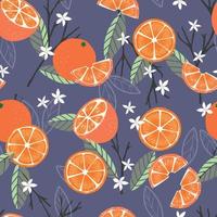 Fruit seamless pattern, oranges with branches and leaves vector