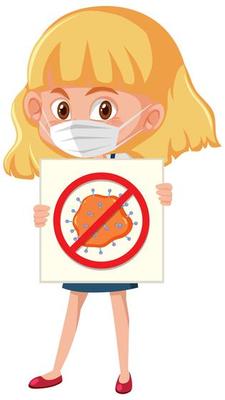 Girl wearing mask and holding stop coronavirus sign