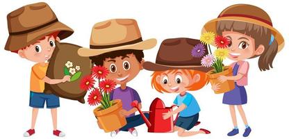 Conjunto de diferentes niños con herramientas de jardinería personaje de dibujos animados aislado sobre fondo blanco. vector