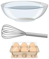 Bakery tools metal whisk with big bowl and paper egg tray on white background