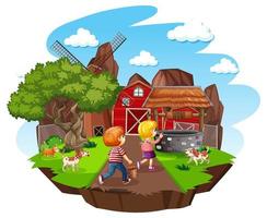 Farm with red barn and windmill on white background vector