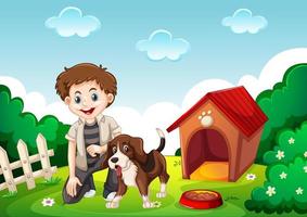 A cute beagle with its owner on the garden scene vector