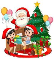 Santa Claus with two girls playing piano with christmas tree on white background vector