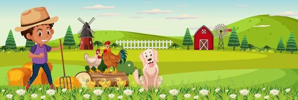 Cute boy in nature farm horizontal landscape scene at day time vector