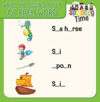 Write the missing letter of each word worksheet for children vector