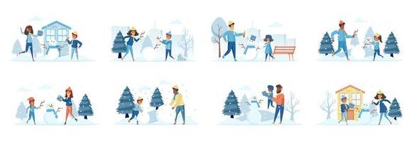 Building snowman bundle of scenes with flat people characters vector