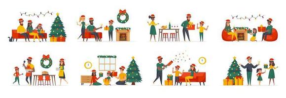 Christmas family bundle of scenes with flat people characters vector