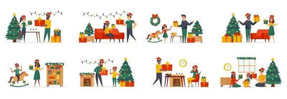 Presenting gifts bundle of scenes with flat people characters vector