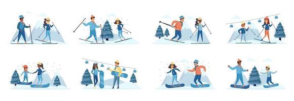 Winter sports activities bundle of scenes with people characters vector