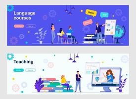 Language courses and teaching landing page with people characters vector