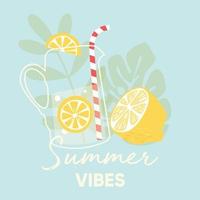 Summer vibes typography slogan and fresh lemon fruit vector