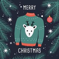 Merry Christmas sweater card with reindeer and branches. vector