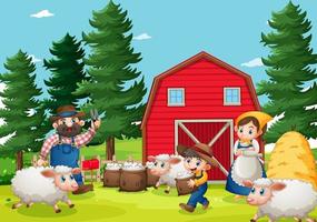 Happy family in farm scene in cartoon style vector