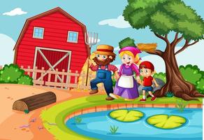 Happy family in farm scene in cartoon style vector